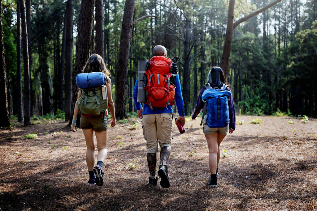 3 people going out for a hike in the woods during a camping trip.